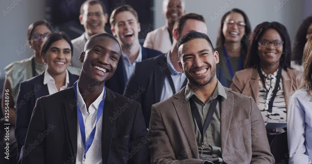 Happy business people, audience at conference presentation or workshop with funny coaching strategy and fun team building meeting. Group of corporate employee listening to coach or manager icebreaker Happy business people, audience at conference presentation or workshop with funny coaching strategy and fun team building meeting. Group of corporate employee listening to coach or manager icebreaker