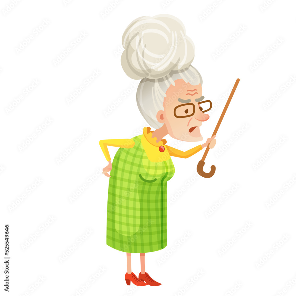 Vector illustration of angry senior woman with walking stick Vector illustration of angry senior woman with walking stick