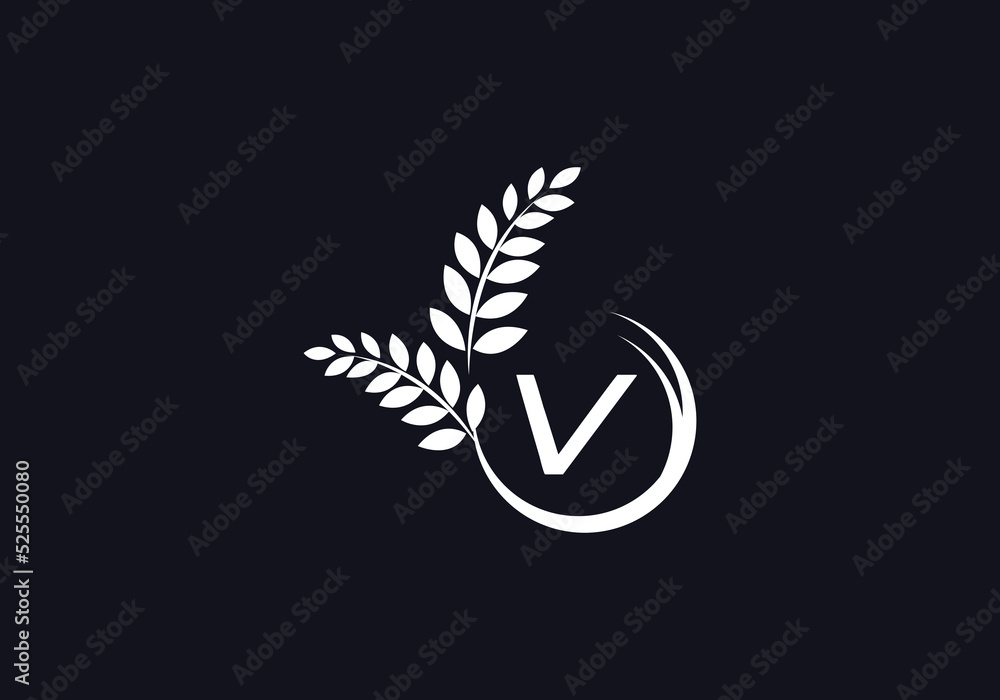 Green leaf and laurel wreath logo design vector with the letter and alphabet V Green leaf and laurel wreath logo design vector with the letter and alphabet V