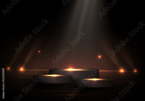 Round podium with bright lanterns and a beam of light on a black design