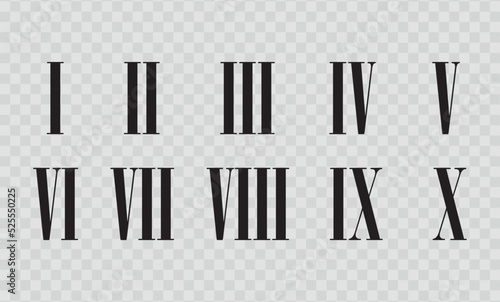 Set of roman numerals isolated on white background. Numbers from one to twelve. Vector illustration.