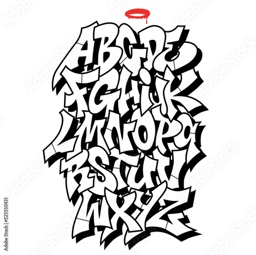 old shcool Graffiti alphabet decorative lettering vandal street art free wild style on the wall city urban illegal action by using aerosol spray paint.underground hip hop type vector illustration