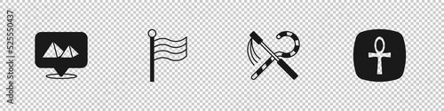 Set Egypt pyramids, Flag Of, Crook and flail and Cross ankh icon. Vector