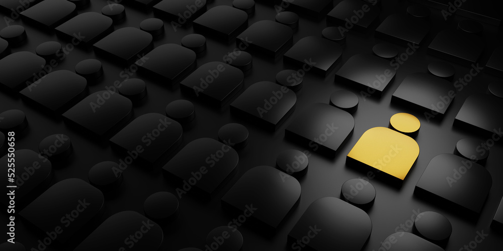 Fototapeta premium concept of a successful leadership person or insurance by gold and black 3d icon people on dark background. 3d illustration