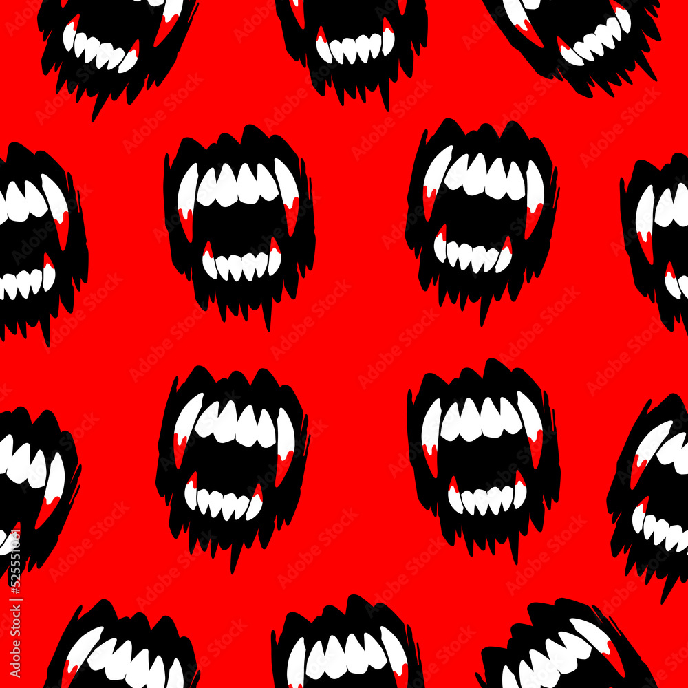 Vampire fangs teeth mouth on a red background. Vector halloween seamless pattern. Vampire fangs teeth mouth on a red background. Vector halloween seamless pattern.