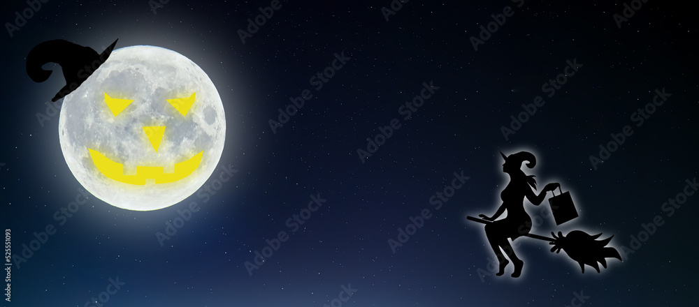The silhouette of a witch flying on a broom with purchases against the background of a starry black ominous sky. Halloween background. Autumn holiday, night, fear. 3D render The silhouette of a witch flying on a broom with purchases against the background of a starry black ominous sky. Halloween background. Autumn holiday, night, fear. 3D render
