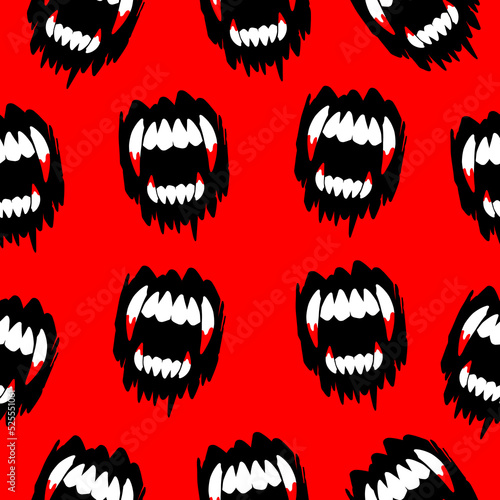Vampire fangs teeth mouth on a red background. Vector halloween seamless pattern. 