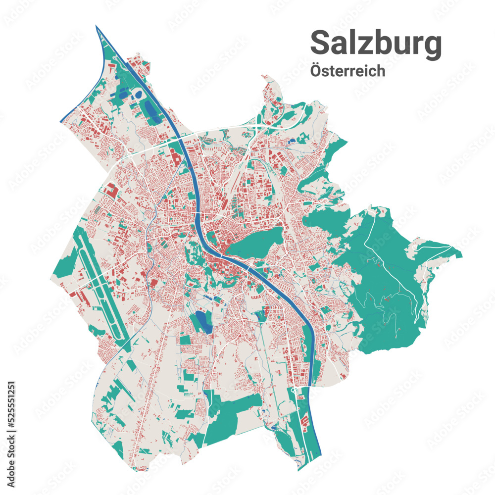 Naklejka premium Salzburg vector map. Detailed map of Salzburg city administrative area. Cityscape panorama. Road Map with buildings, water, forest.