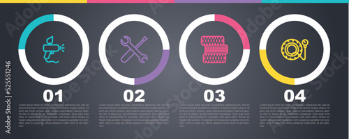 Set line Paint spray gun, Screwdriver and wrench spanner, Car tire wheel and Tire pressure gauge. Business infographic template. Vector