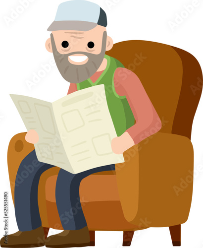 Old man sits in a brown chair and reads newspaper. Lifestyle of senior. Cartoon flat illustration. rest and relax of grandfather with news. Furniture - armchair