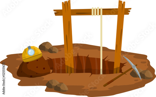 Mine. Hole in ground, rocks, pickaxe, miner's helmet. Extraction of minerals.