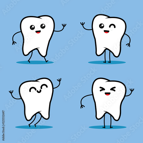 vector illustration of cute white teeth cartoon character with various expressions, great for health and children's themes