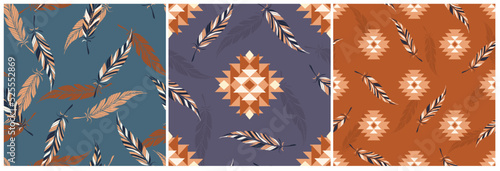 Vector set of ethnic tribal geometric patterns with feathers. Seamless collection. Aztec boho ornamental style. Native american indian ornaments