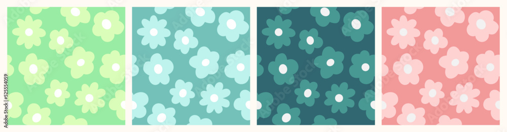 Set of Multi Color Flowers Backgrounds, in Flat Design, Seamless Editable Vector Patterns. Simple Floral Print Collection, Shades of Green and Pink.