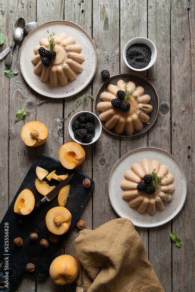 Served peach panna cotta with poppy seeds Served peach panna cotta with poppy seeds