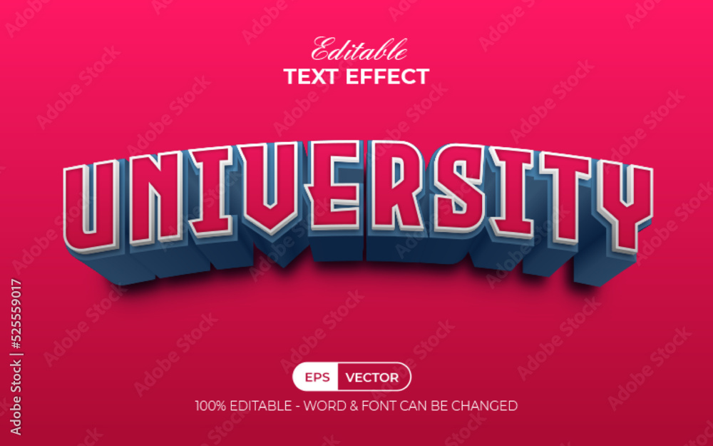 3d text effect university style. Editable text effect.