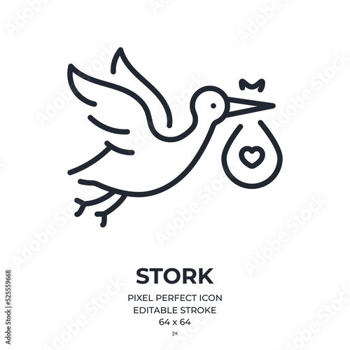 Baby stork editable stroke outline icon isolated on white background flat vector illustration. Pixel perfect. 64 x 64.