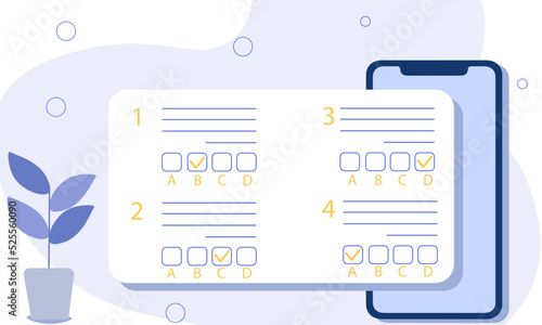 online exam, choose correct answer in test, form with answers with a phone. vector illustration