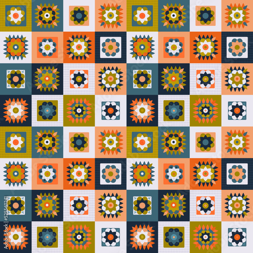 Granny crochet pattern. Geometric stylized design for textile or patchwork. Cozy warm knitted ornament. Repeated decorative retro blanket endless print