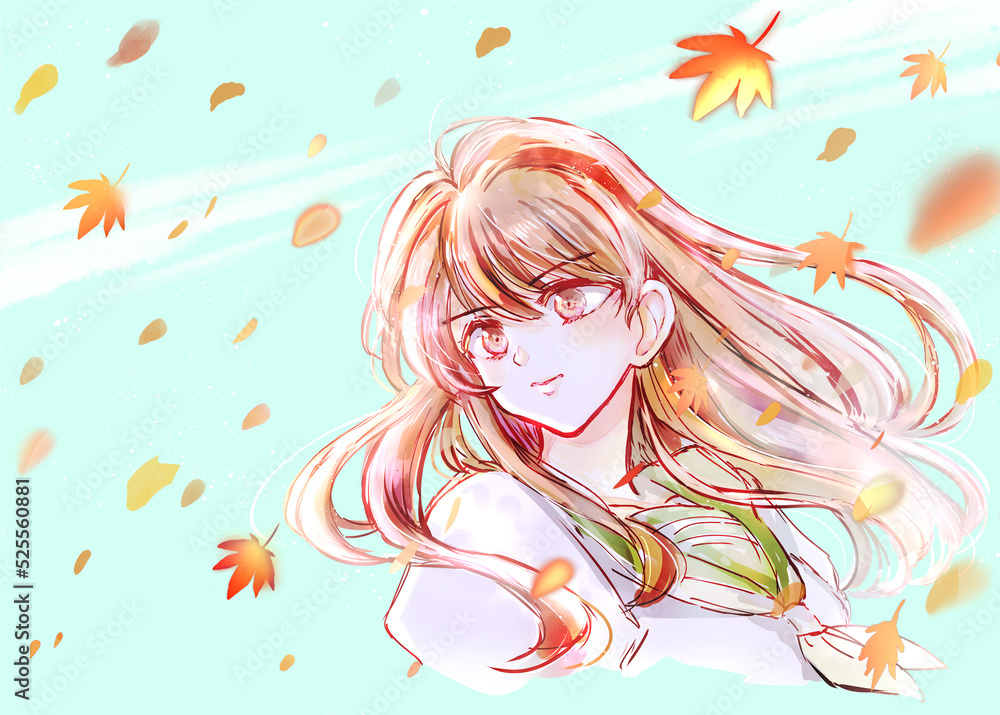 前を向く女子学生　紅葉