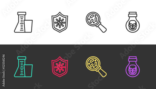 Set line Test tube and flask, Shield protecting from virus, Microorganisms under magnifier and Poison bottle on black and white. Vector