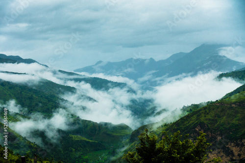 Hills in the Himalayas with green trees covered in mist and white clouds after a rainfall. Uttarakhand India. © Rupendra143