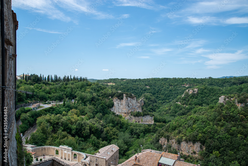 Tuscany, Italy. Ancient etruscan remains near the medieval hill town of Sorano. Etruscan towns of Tuscany. Towns that have existed for the second millennium. Ancient Sorano