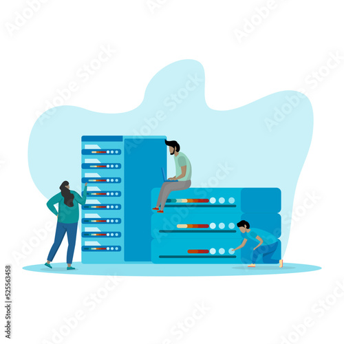Design illustration People working on problem location, hardware and software maintenance, technical support. Can be used for websites and mobile websites or landing pages. Easy to edit and customize.