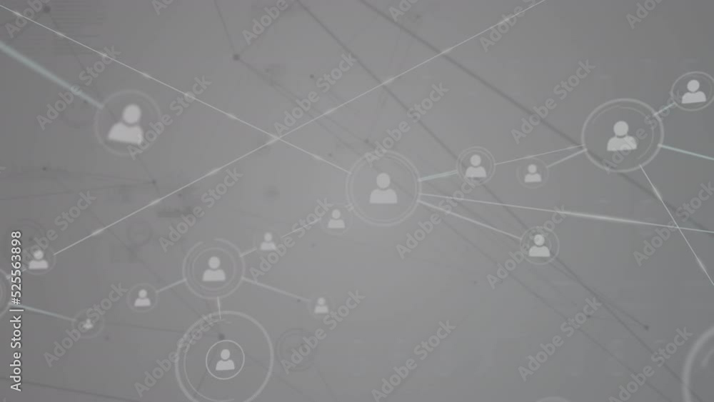 Animation of network of profile icons and data processing against grey background Animation of network of profile icons and data processing against grey background