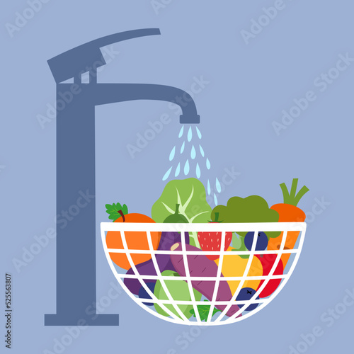 Washing fruits and vegetables with a lot of water before cooking or eating concept vector illustration.