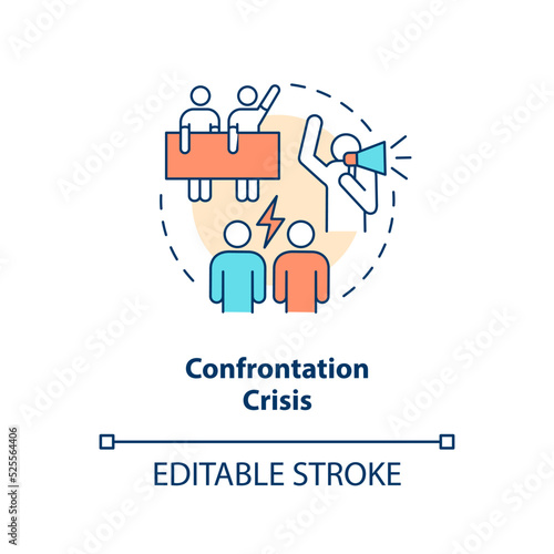 Confrontation crisis concept icon. Employees disobedience and strike.Type of crisis abstract idea thin line illustration. Isolated outline drawing. Editable stroke. Arial, Myriad Pro-Bold fonts used