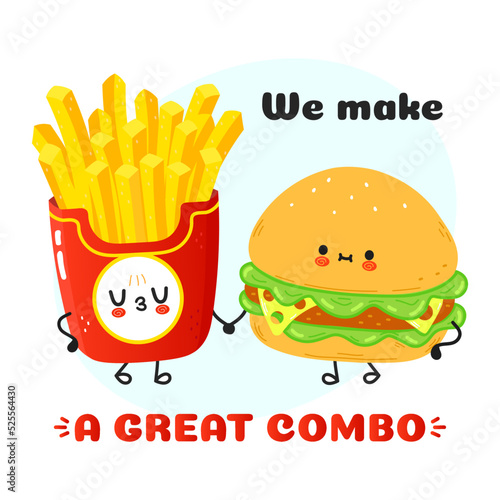 Cute happy hamburger and french fries card. Vector hand drawn doodle style cartoon character illustration icon design. Happy hamburger and french fries friends concept card