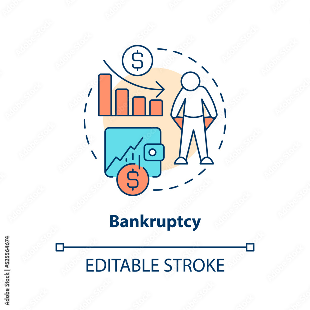 Bankruptcy concept icon. Lack of funds. Fail to pay. Type of crisis abstract idea thin line illustration. Isolated outline drawing. Editable stroke. Arial, Myriad Pro-Bold fonts used Bankruptcy concept icon. Lack of funds. Fail to pay. Type of crisis abstract idea thin line illustration. Isolated outline drawing. Editable stroke. Arial, Myriad Pro-Bold fonts used