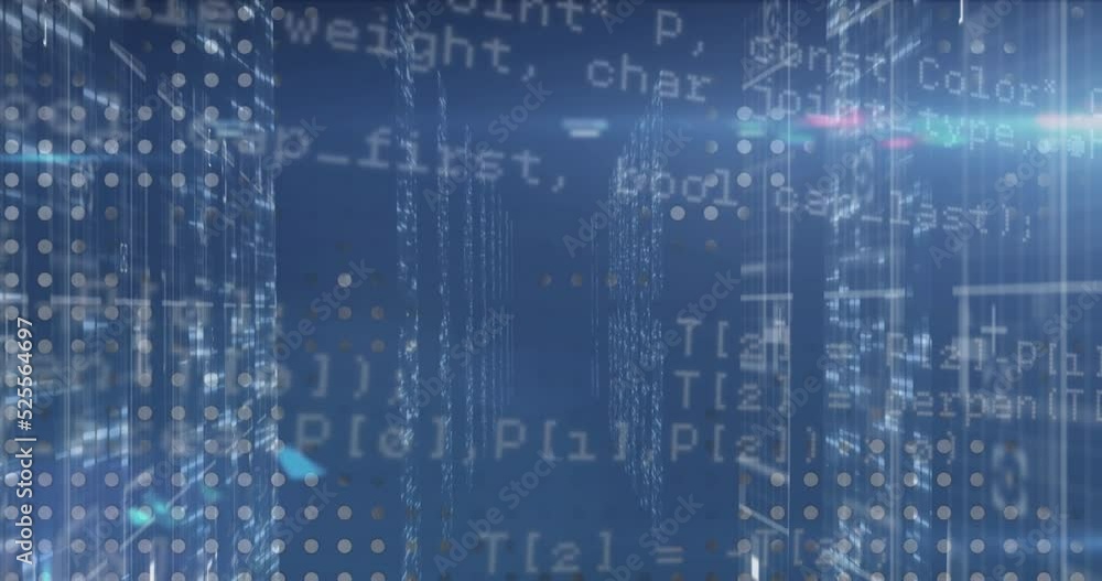 Animation of data processing over screens of mosaic squares and light trails against blue background Animation of data processing over screens of mosaic squares and light trails against blue background