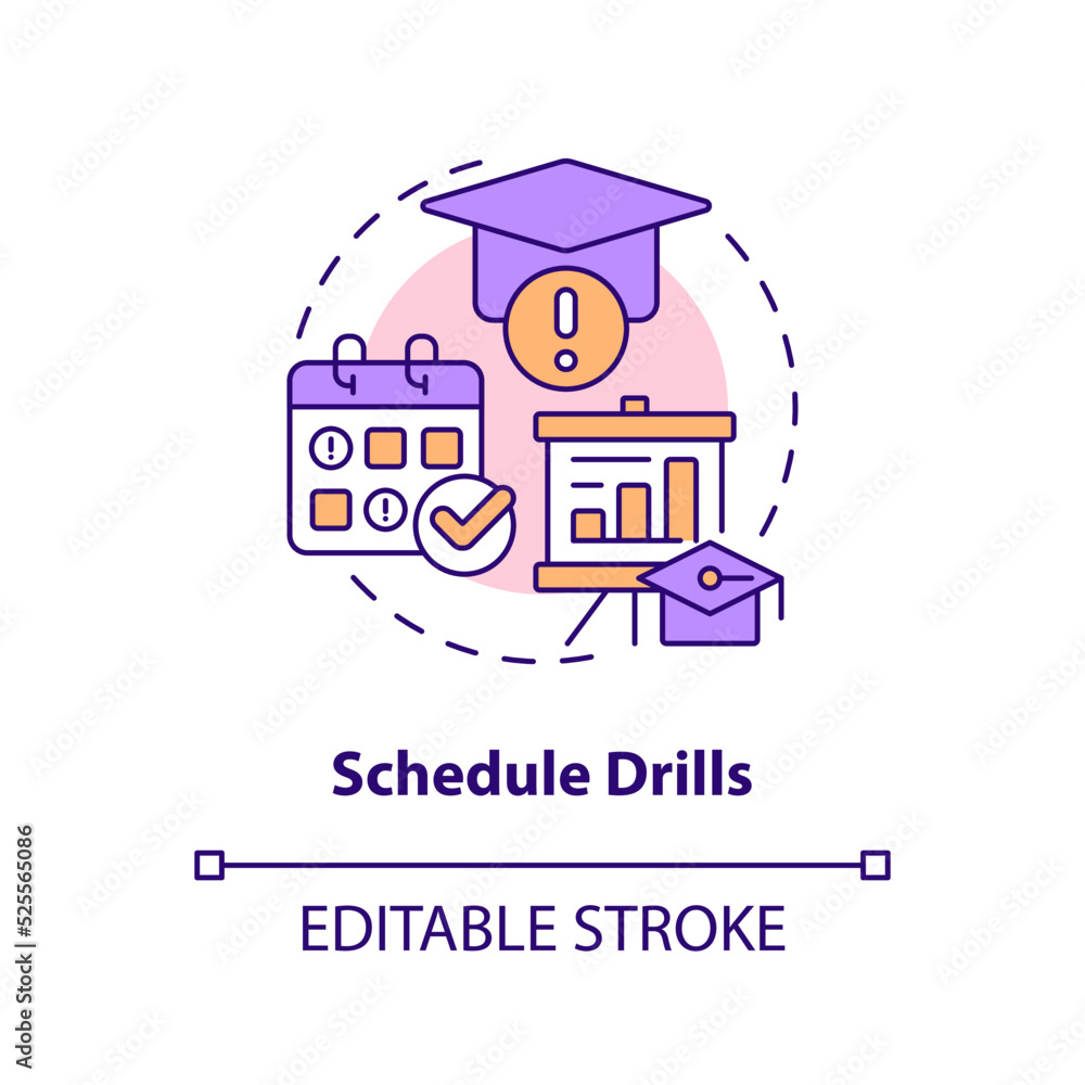 Schedule drills concept icon. Education sessions. Crisis management team abstract idea thin line illustration. Isolated outline drawing. Editable stroke. Arial, Myriad Pro-Bold fonts used
