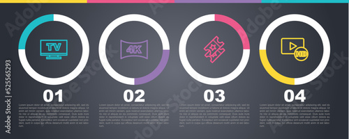 Set line Smart Tv, Screen tv with 4k, Cinema ticket and Hd movie, tape, frame. Business infographic template. Vector