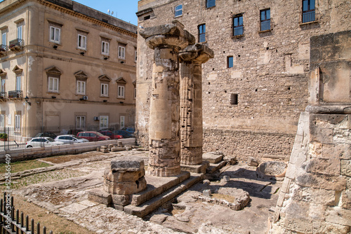 Apulia, Italy. View of Taranto archeological excavations, roman columns. Portual cities of Apulia. Ancient Taranto