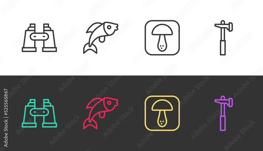 Set line Binoculars, Fish, Mushroom and Hammer on black and white. Vector Set line Binoculars, Fish, Mushroom and Hammer on black and white. Vector