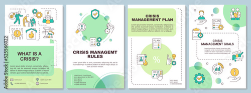 Crisis management process green brochure template. Leaflet design with linear icons. Editable 4 vector layouts for presentation, annual reports. Arial-Black, Myriad Pro-Regular fonts used