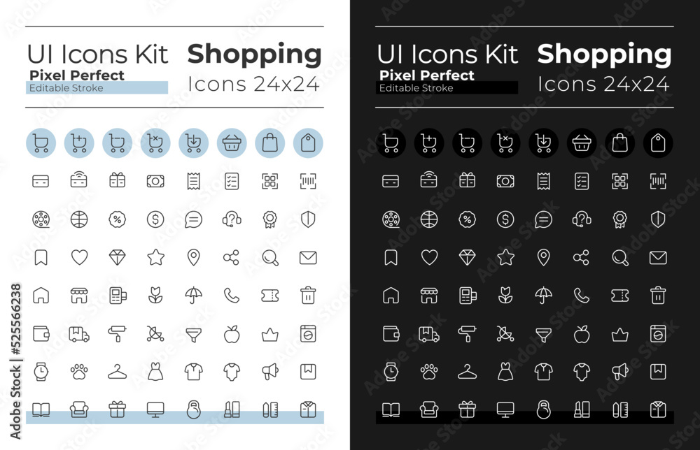 Shopping pixel perfect linear ui icons set for dark, light mode. Retail ...