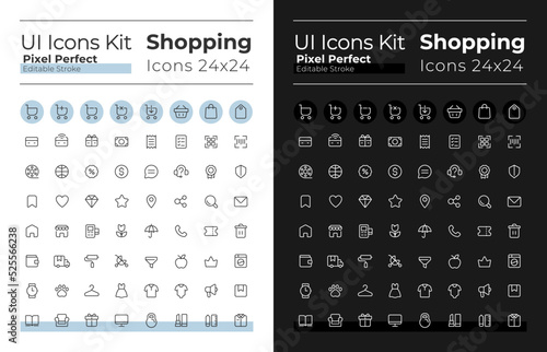Shopping pixel perfect linear ui icons set for dark, light mode. Retail shop. Outline isolated user interface elements for night, day themes. Editable stroke. Montserrat Bold, Light fonts used