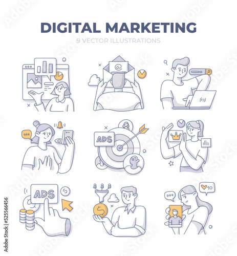Digital online marketing. Use of social media, email, SEO and mobile apps to reach customers and sell products and services. Doodle vector illustrations set with characters to visualize concepts
