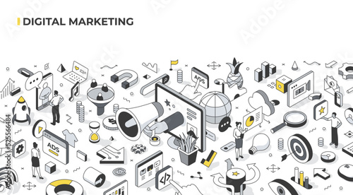 Digital marketing concept. Connecting with audience online to sell products and services with the Use of digital channels such as social media, email, SEO, mobile devices. Isometric illustration