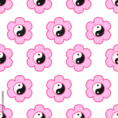 Yin yang pink seamless pattern. Y2k style. Vector