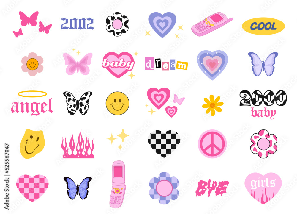 Y2k style icons. Glamorous trendy doodles set. 90s and 2000s style. Vector - obrazy, fototapety, plakaty 