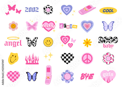 Y2k style icons. Glamorous trendy doodles set. 90s and 2000s style. Vector photo