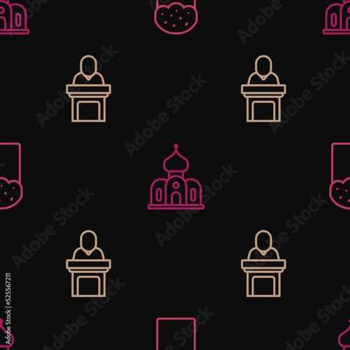 Set line Easter cake, Church pastor preaching and building on seamless pattern. Vector