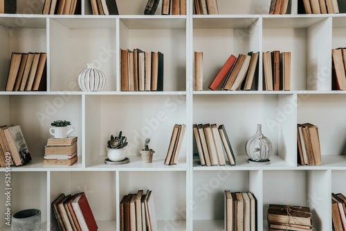 shelves with books, bookshelf background photo