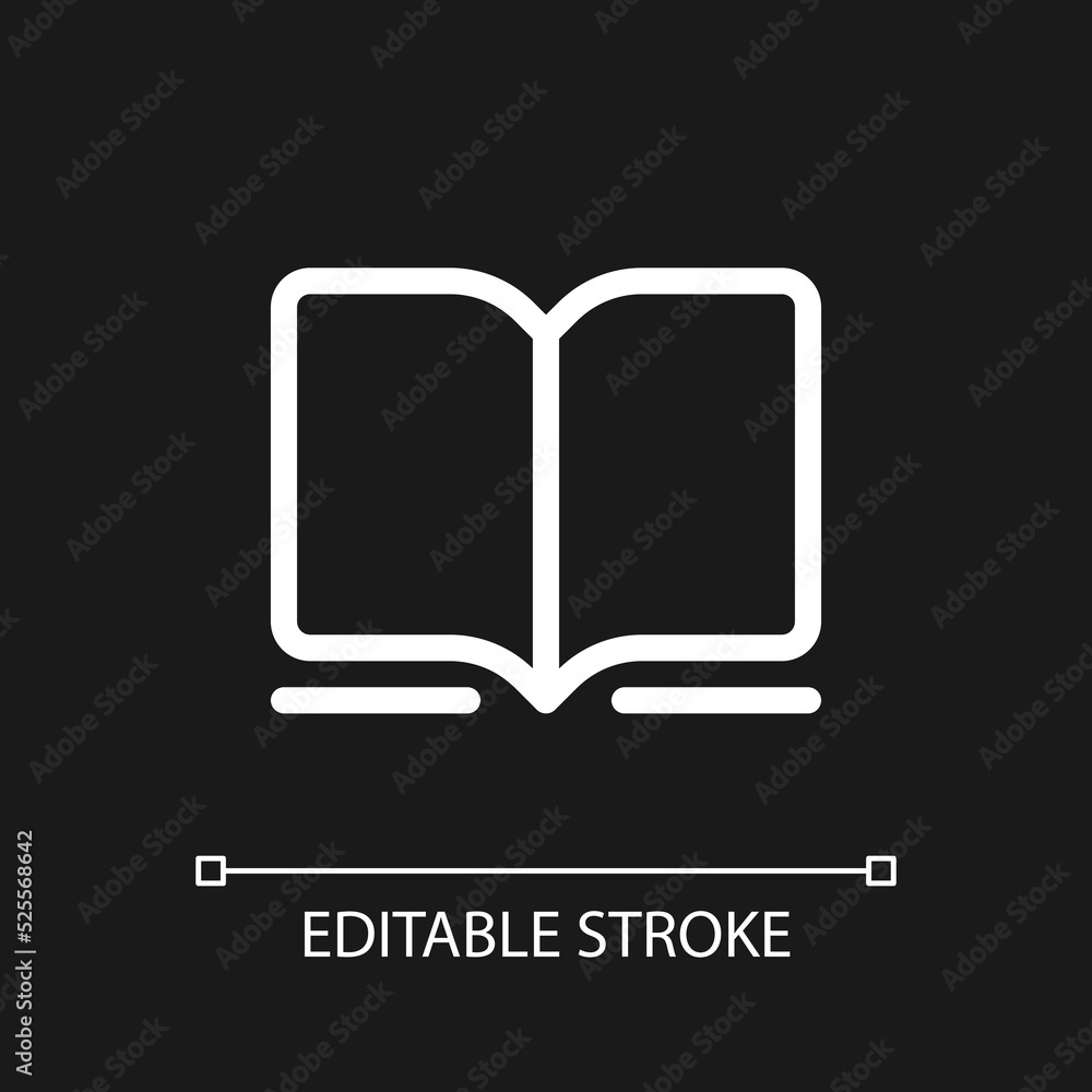 Book pixel perfect white linear ui icon for dark theme. Online bookstore. Buy ebooks. E-commerce. Vector line pictogram. Isolated user interface symbol for night mode. Editable stroke. Arial font used Book pixel perfect white linear ui icon for dark theme. Online bookstore. Buy ebooks. E-commerce. Vector line pictogram. Isolated user interface symbol for night mode. Editable stroke. Arial font used