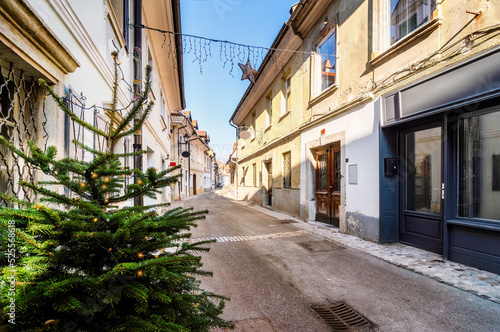 Main street with christmas decoration in Kranj   Slovenia